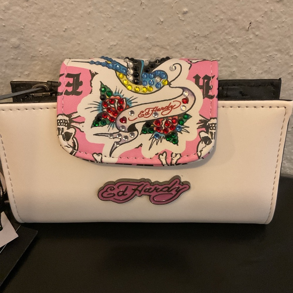 Ed Hardy White Wallet with Pink Floral Tattoo Flap